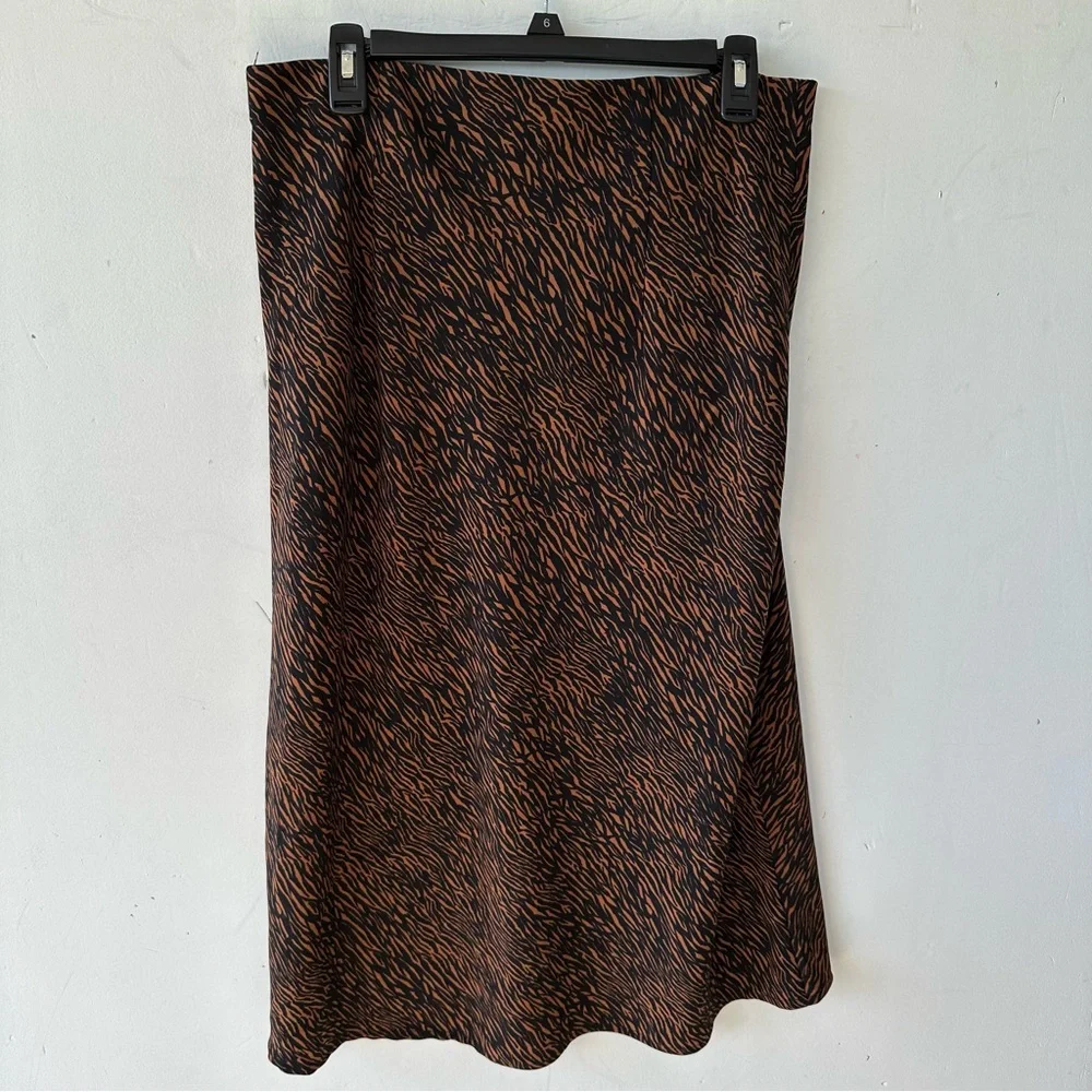 Rachel Zoe Animal Print Flowy Midi Skirt Pull On Black Brown 12